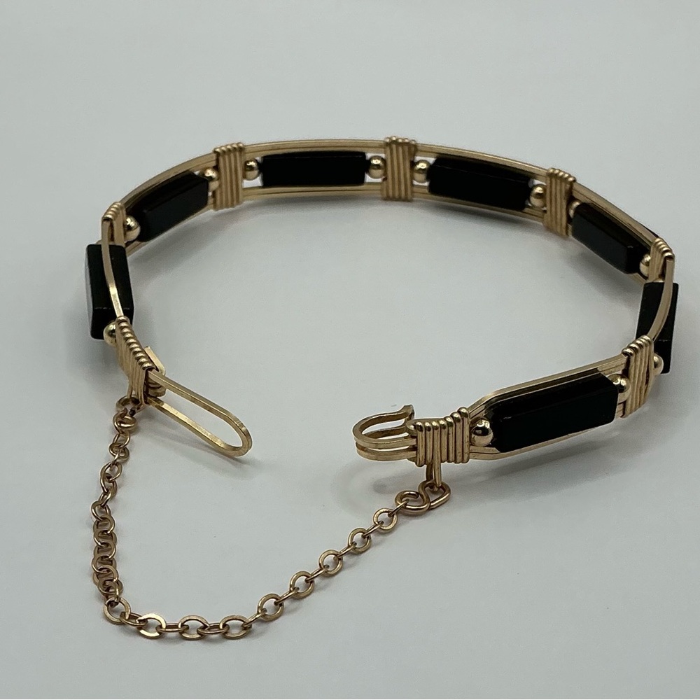 Vintage Handmade Black Onyx Bracelet with Gold-Tone Wire Wrapping